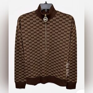 NWT Michael Kors Dark Brown Logo Zip-Up Sweater